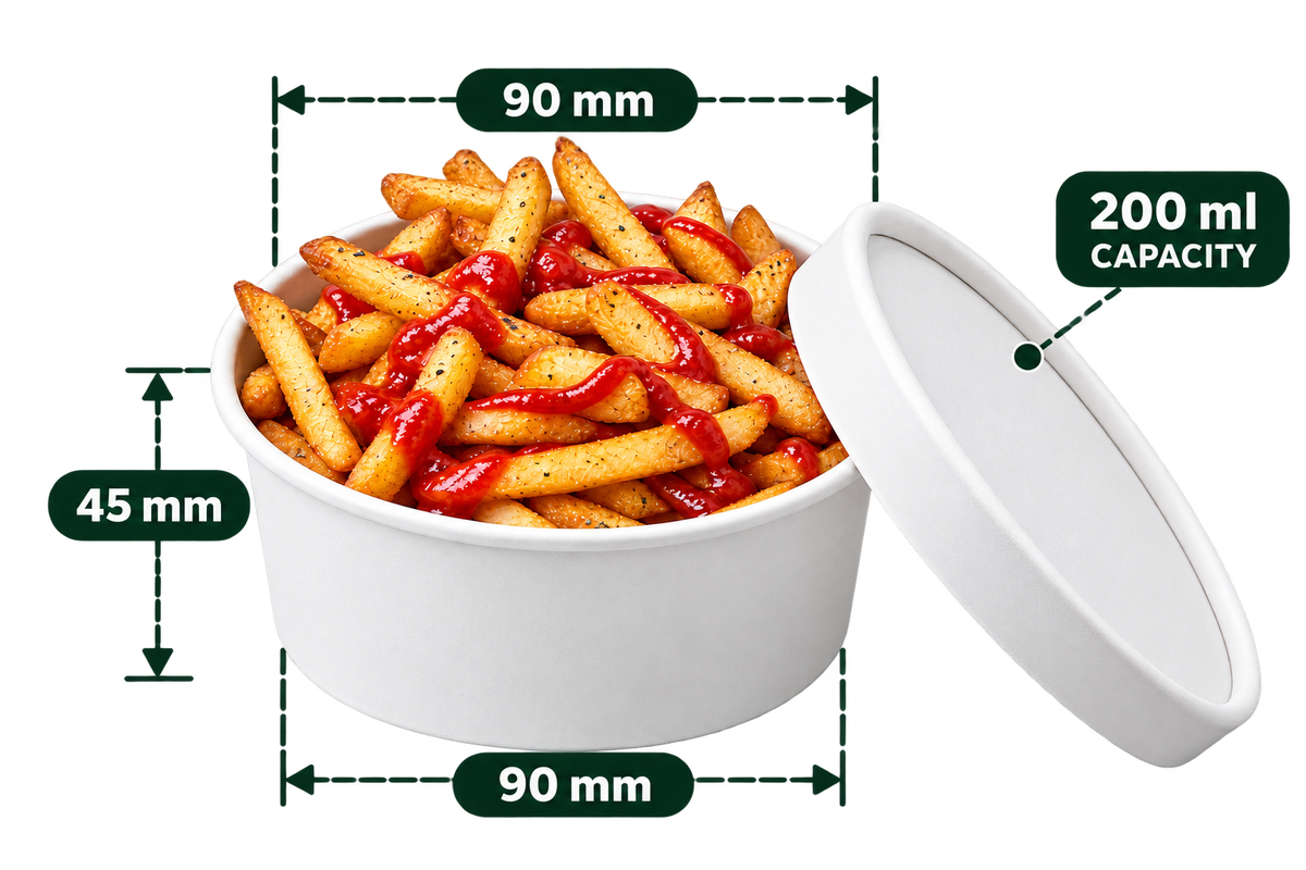 AnnServe Paper Bowl White 200 ml filled serving suggestion; user-supplied photo; 90 mm top and base, 45 mm height; matching paper lid sold separately; food not included