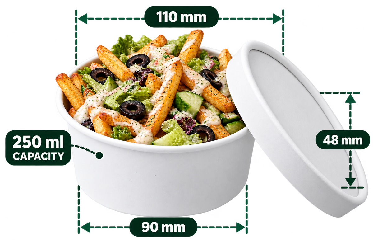 AnnServe Paper Bowl White 250 ml filled serving suggestion; matching 110 mm paper lid sold separately; food not included