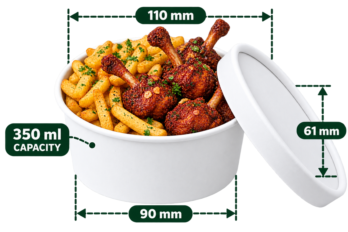 AnnServe Paper Bowl White 350 ml filled serving suggestion; matching 110 mm paper lid sold separately; food not included
