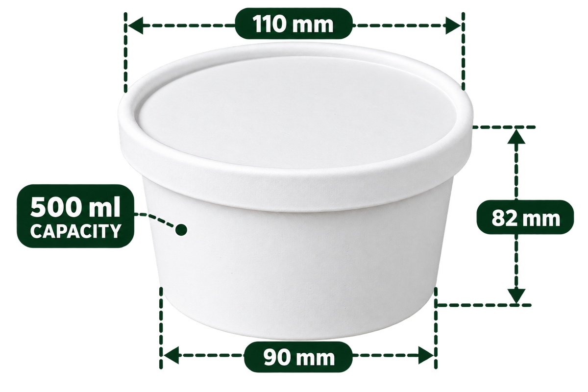 AnnServe Paper Bowl White 500 ml empty bowl; matching 110 mm paper lid sold separately; food not included