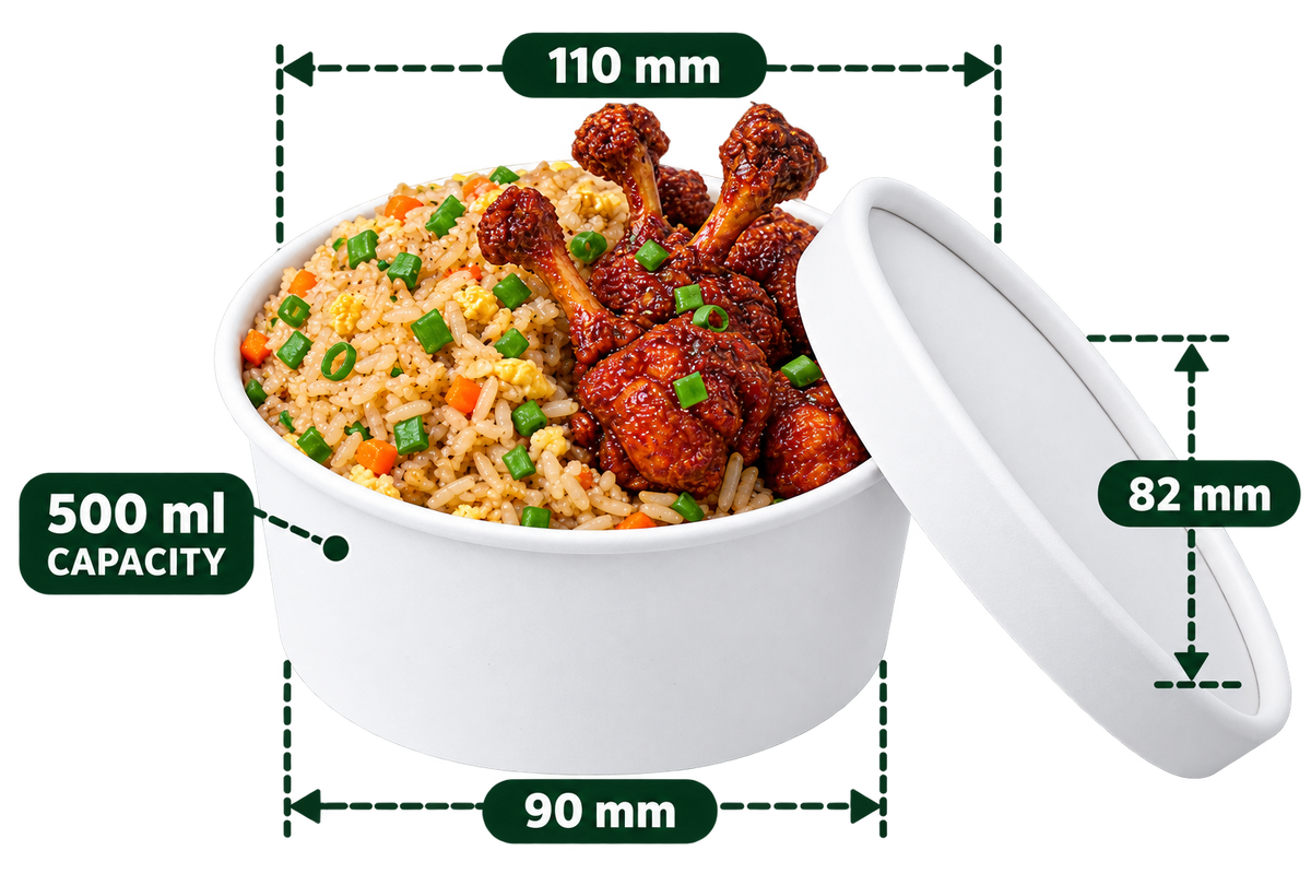 AnnServe Paper Bowl White 500 ml filled serving suggestion; matching 110 mm paper lid sold separately; food not included