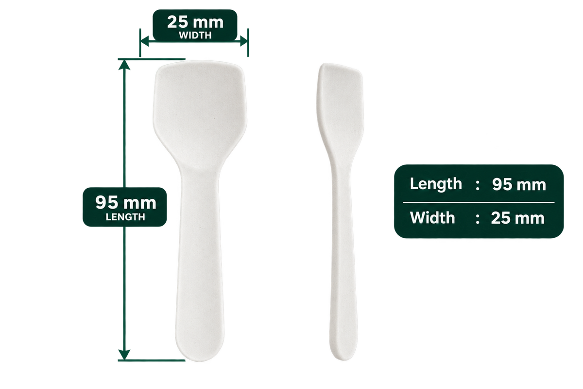 AnnServe Paper Dessert Spoon (960 GSM) White; 95 mm length x 25 mm width; front and side views