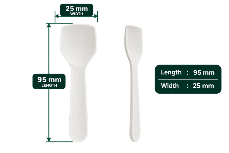 AnnServe Paper Dessert Spoon (960 GSM) White; 95 mm length x 25 mm width; front and side views