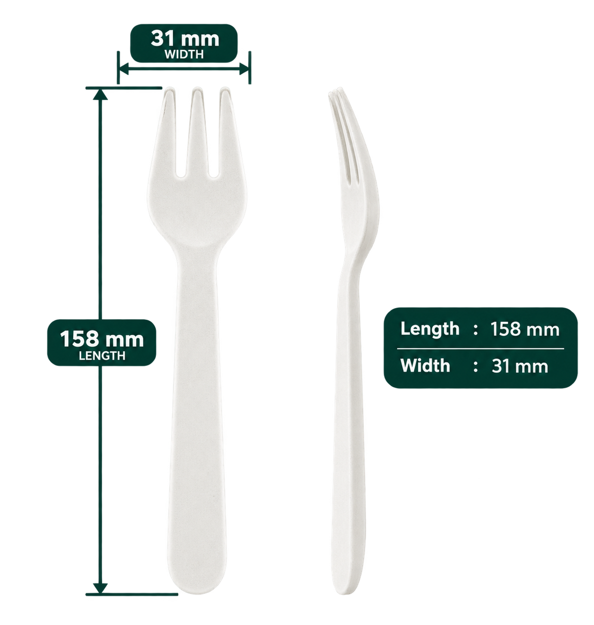 AnnServe Paper Fork (960 GSM) White; 158 mm length x 31 mm width; front and side views