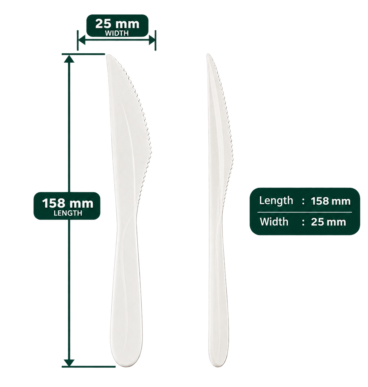 AnnServe Paper Knife (960 GSM) White; 158 mm length x 25 mm width; front and side views