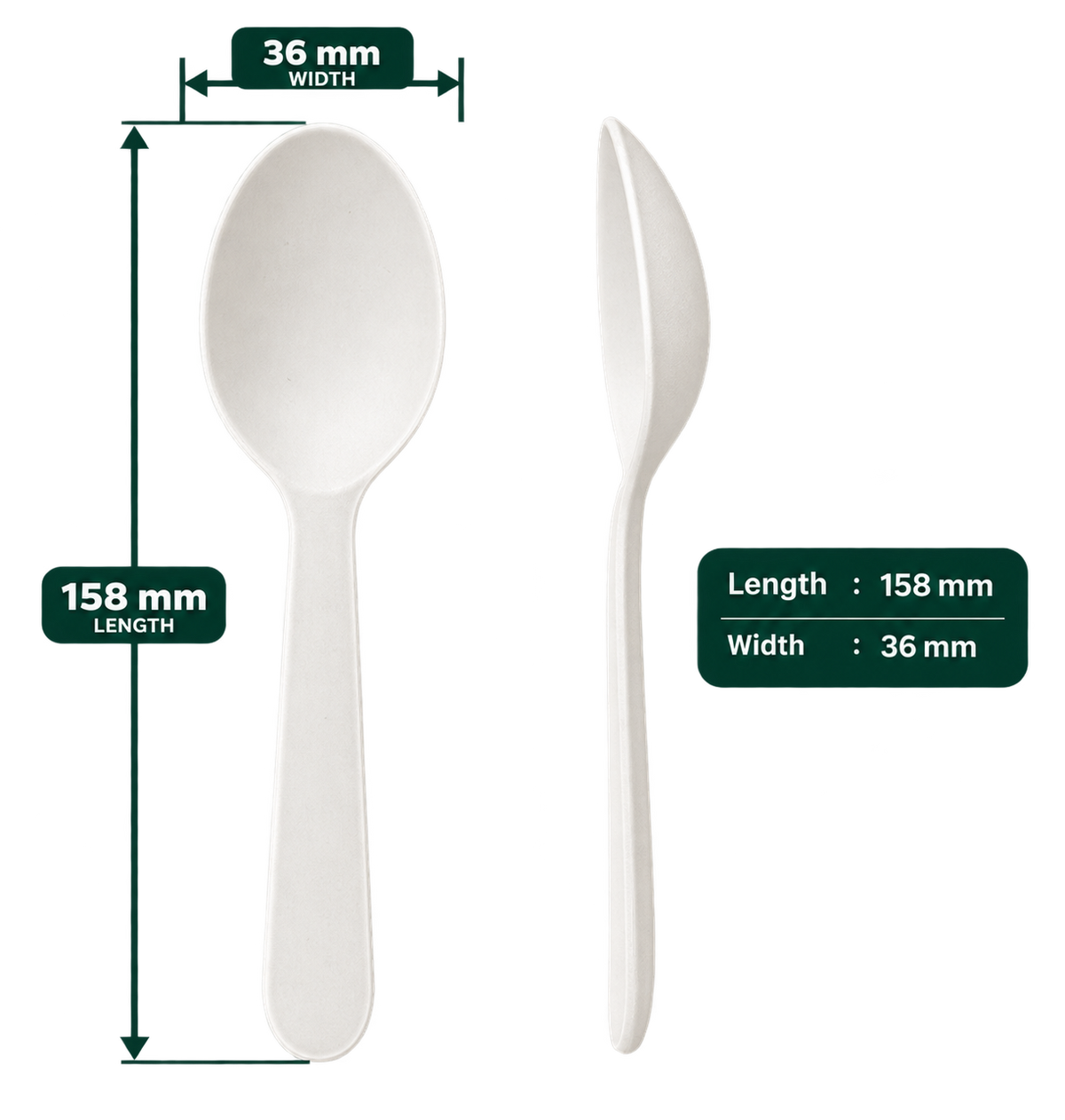 AnnServe Paper Spoon (960 GSM) White; 158 mm length x 36 mm width; front and side views