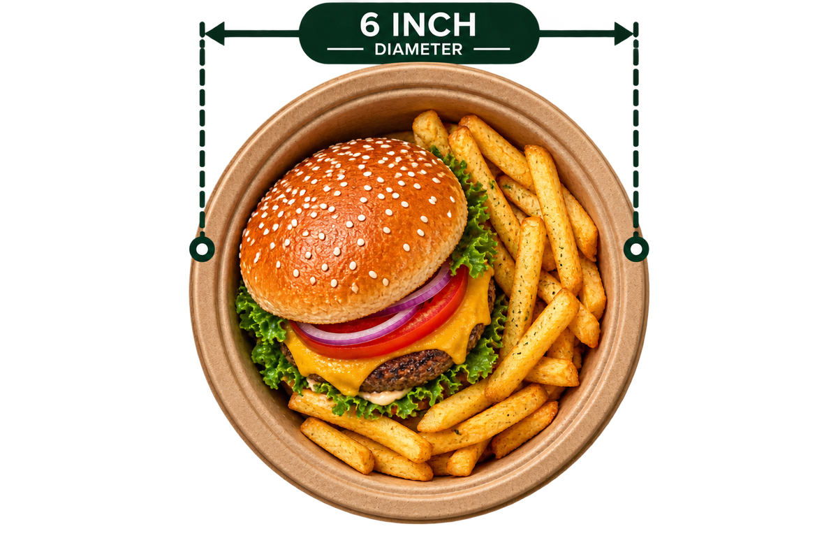 6 Inch Premium Bagasse Round Plate - Brown - serving image with diameter label