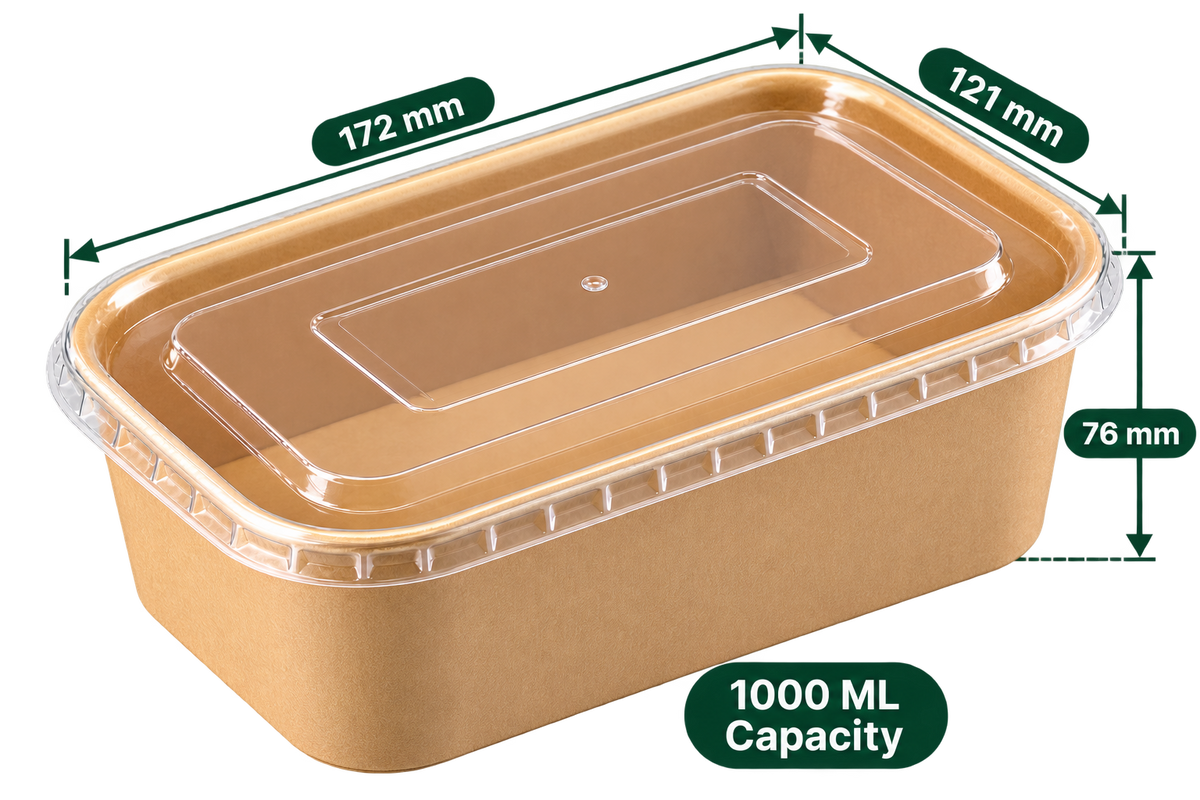 AnnServe Rectangular Paper Container Kraft 1000 ml empty view; 172 x 121 x 76 mm; pictured PP lid sold separately; food not included