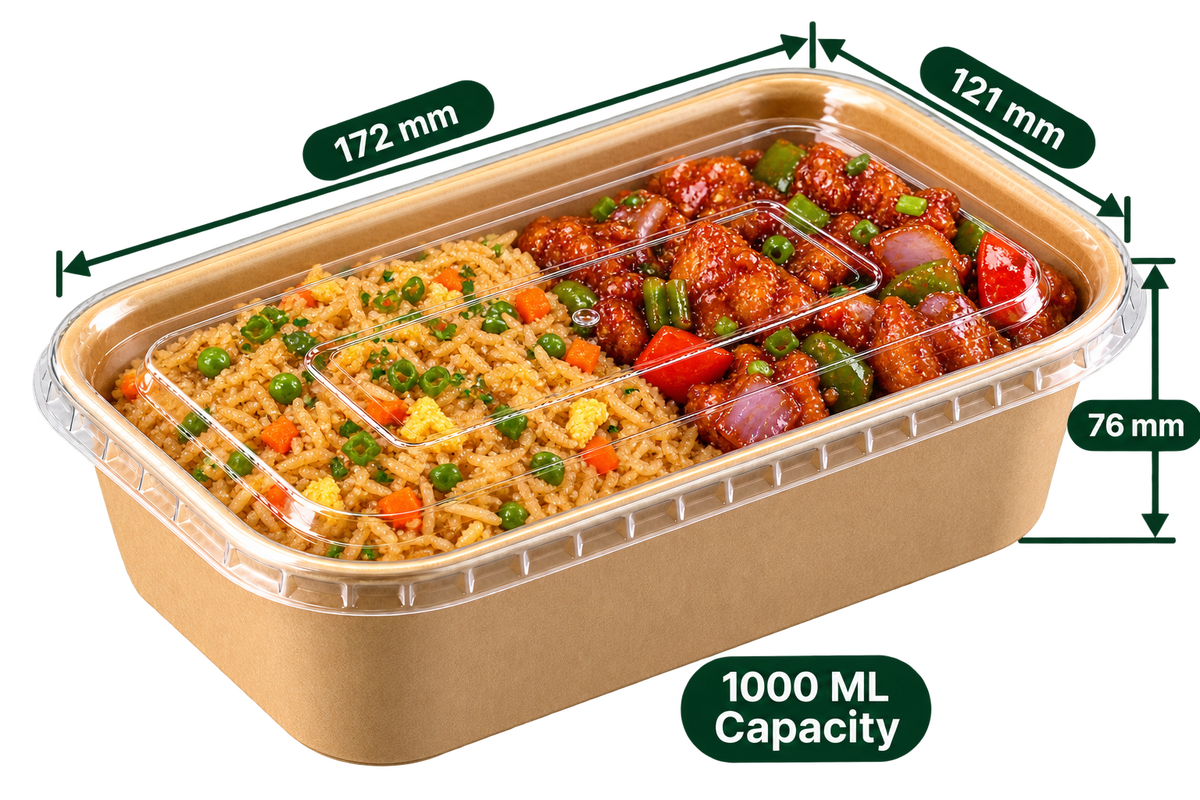 AnnServe Rectangular Paper Container Kraft 1000 ml filled view; 172 x 121 x 76 mm; pictured PP lid sold separately; food not included