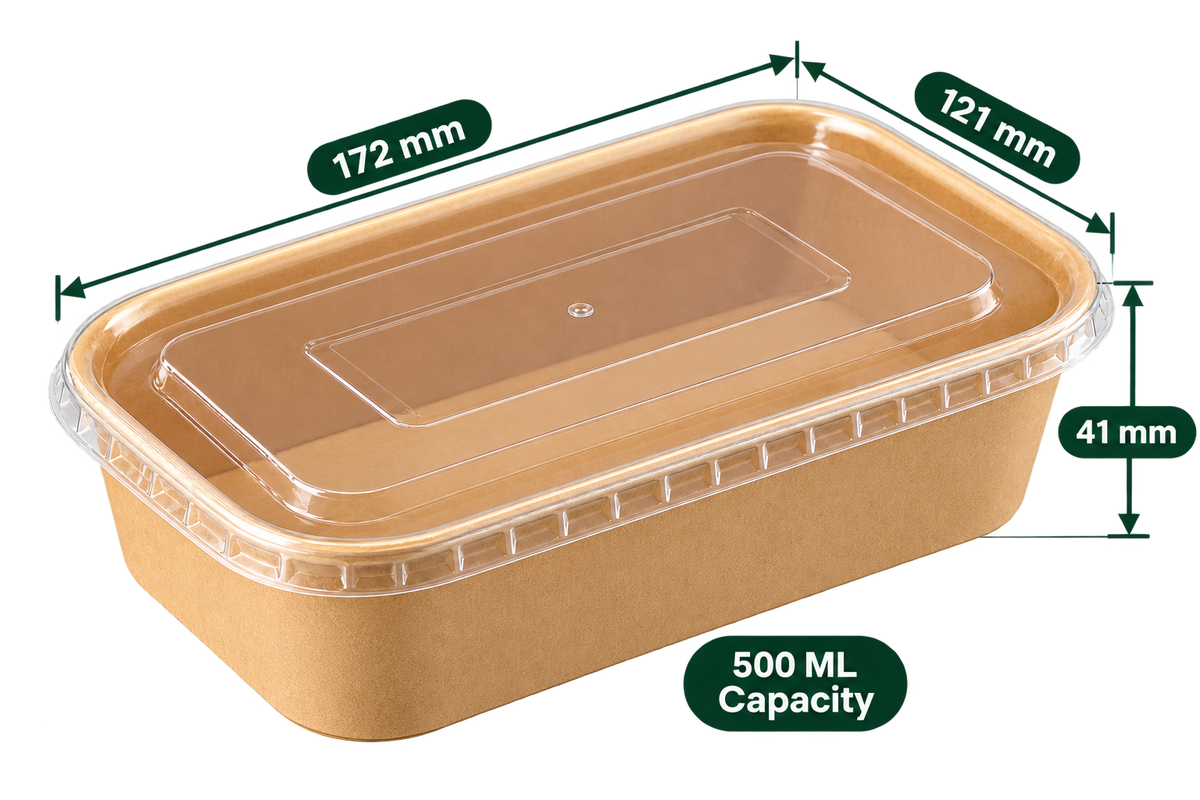 AnnServe Rectangular Paper Container Kraft 500 ml empty view; 172 x 121 x 41 mm; pictured PP lid sold separately; food not included