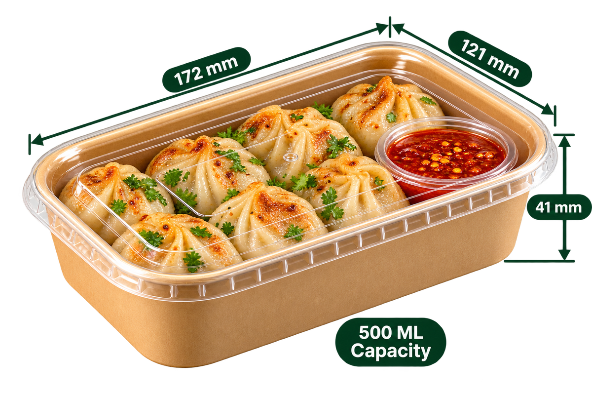 AnnServe Rectangular Paper Container Kraft 500 ml filled view; 172 x 121 x 41 mm; pictured PP lid sold separately; food not included