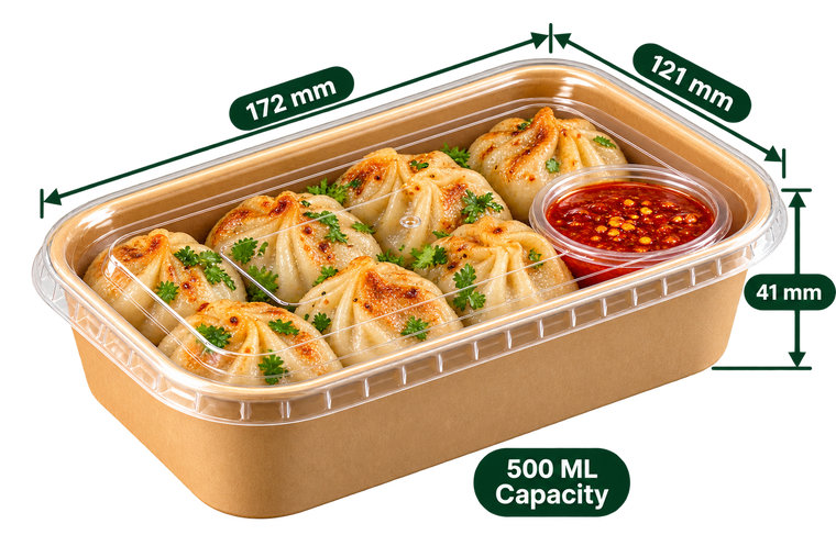 AnnServe Rectangular Paper Container Kraft 500 ml filled view; 172 x 121 x 41 mm; pictured PP lid sold separately; food not included