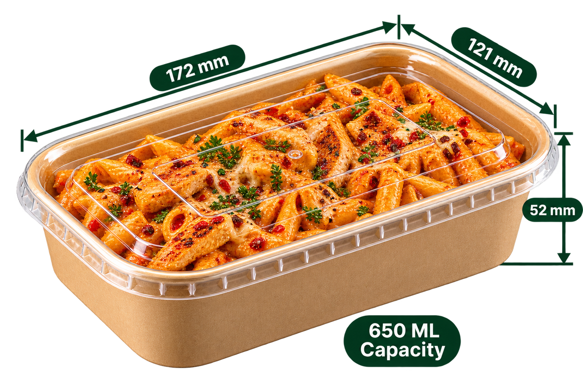 AnnServe Rectangular Paper Container Kraft 650 ml filled view; 172 x 121 x 52 mm; pictured PP lid sold separately; food not included