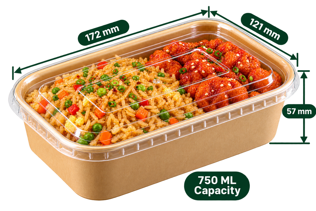 AnnServe Rectangular Paper Container Kraft 750 ml filled view; 172 x 121 x 57 mm; pictured PP lid sold separately; food not included