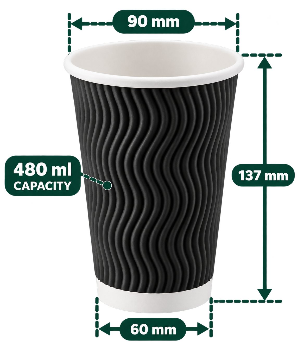 AnnServe Ripple Black Cup 480 ml; 90 mm rim, 60 mm base, 137 mm height; sold by box of 500