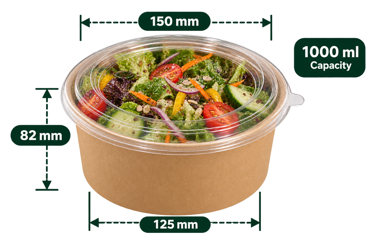 AnnServe Salad Bowl Transparent 1000 ml filled food-styled bowl with transparent lid; food not included; 150 mm rim, 125 mm base, 82 mm height