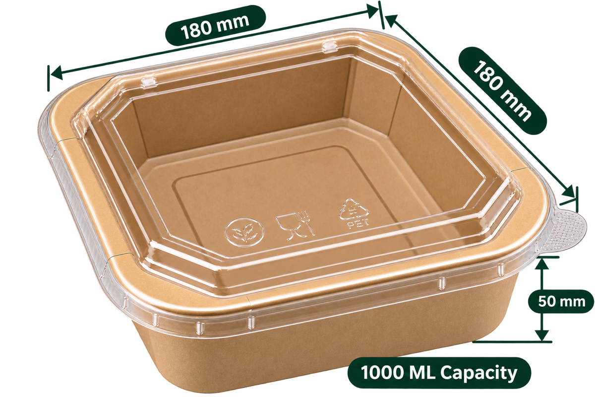AnnServe Square Paper Container Kraft 1000 ml empty view; 180 x 180 x 50 mm; PET lid sold separately; food not included