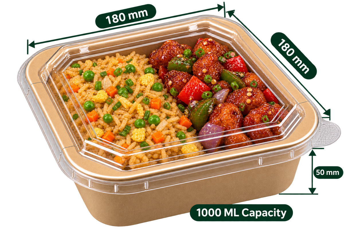 AnnServe Square Paper Container Kraft 1000 ml filled view; 180 x 180 x 50 mm; PET lid sold separately; food not included