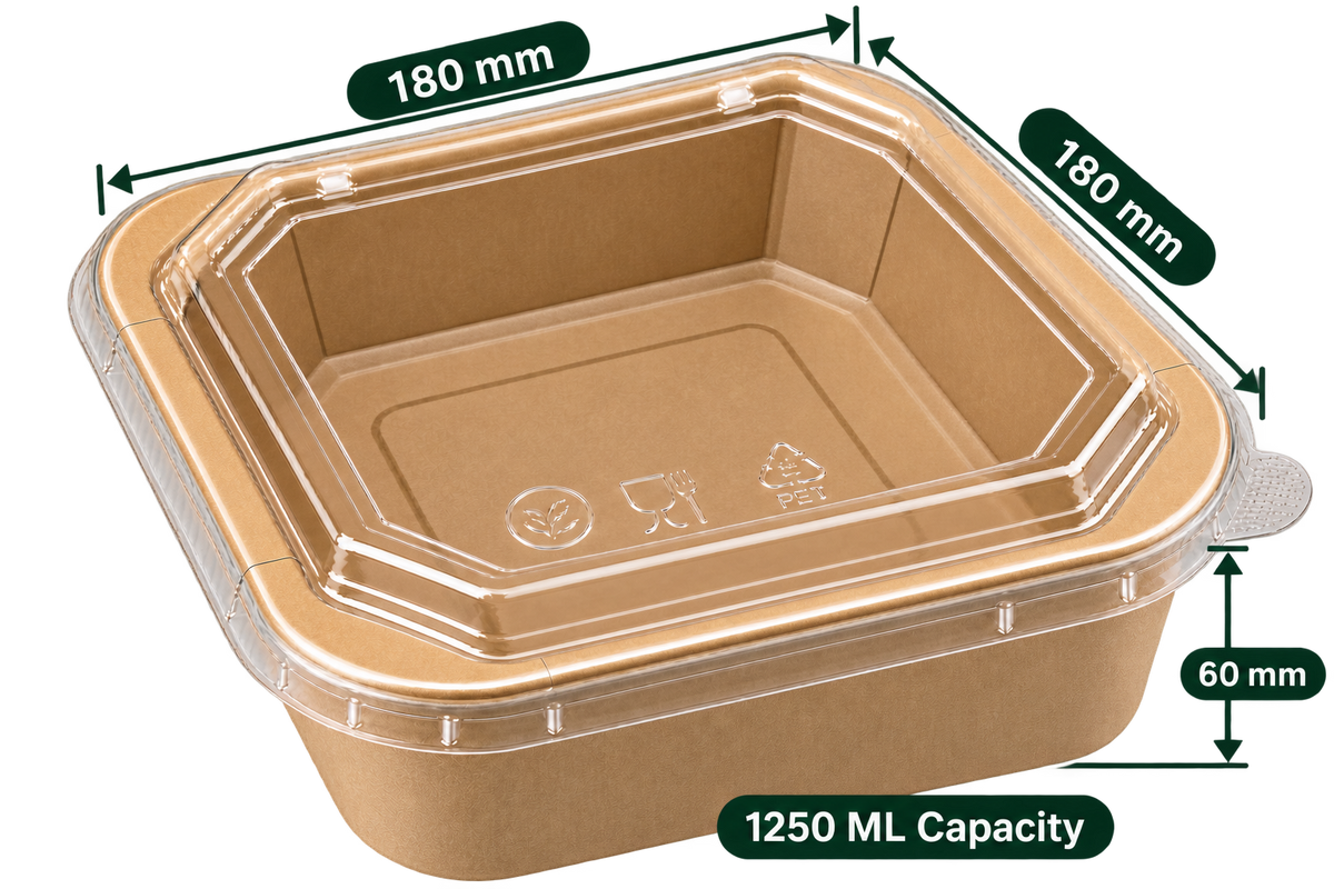 AnnServe Square Paper Container Kraft 1250 ml empty view; 180 x 180 x 60 mm; PET lid sold separately; food not included