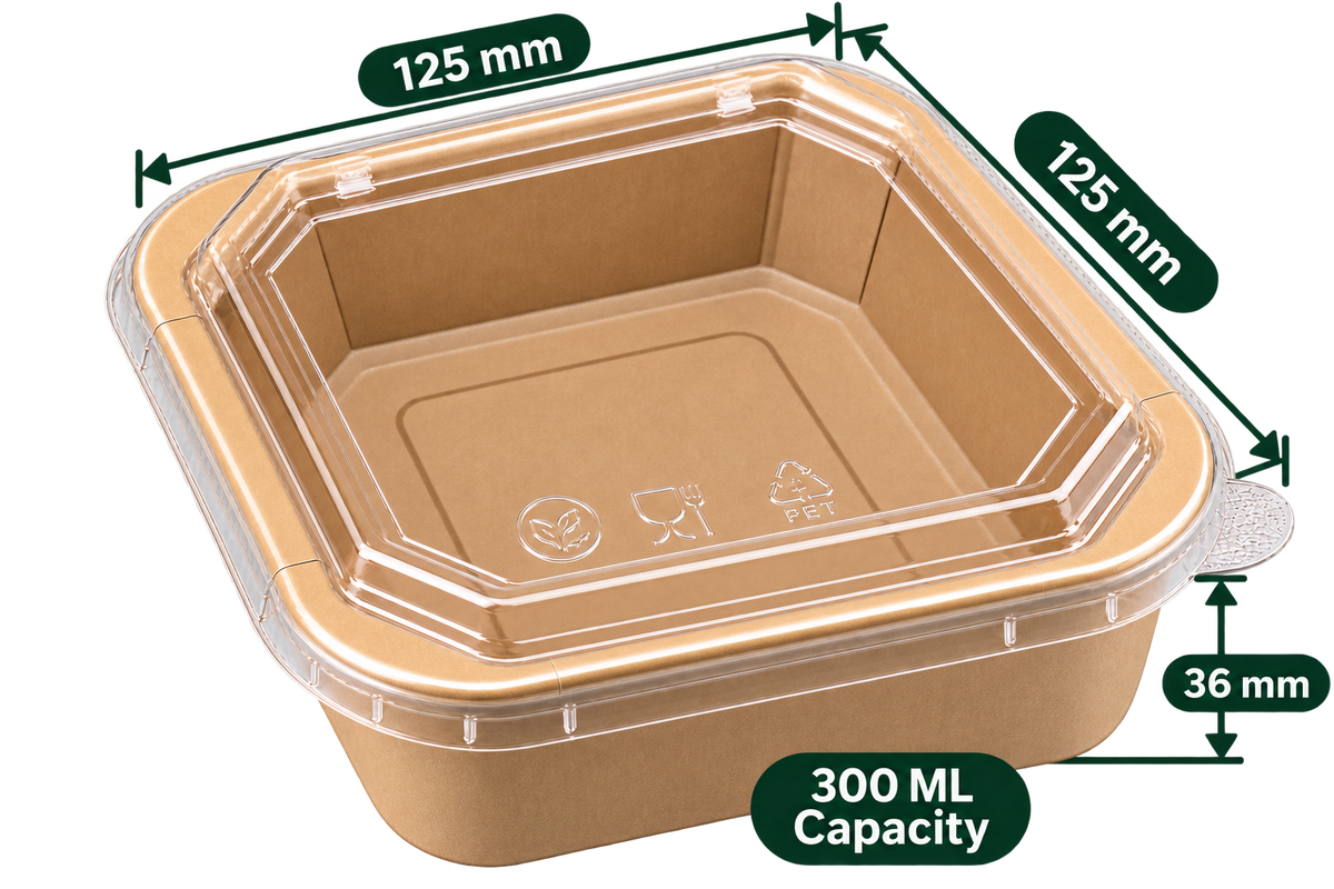 AnnServe Square Paper Container Kraft 300 ml empty view; 125 x 125 x 36 mm; PET lid sold separately; food not included