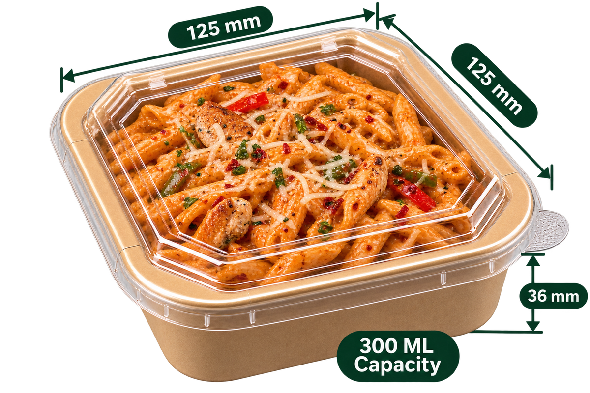 AnnServe Square Paper Container Kraft 300 ml filled view; 125 x 125 x 36 mm; PET lid sold separately; food not included