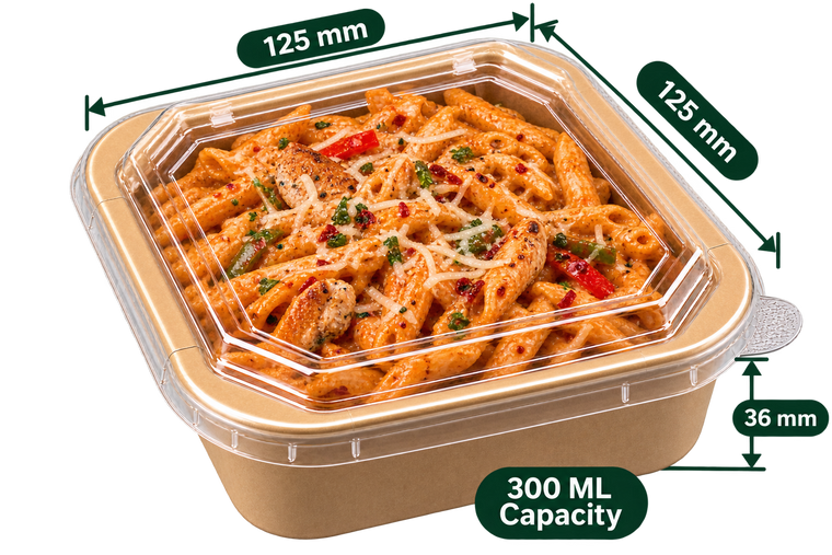 AnnServe Square Paper Container Kraft 300 ml filled view; 125 x 125 x 36 mm; PET lid sold separately; food not included
