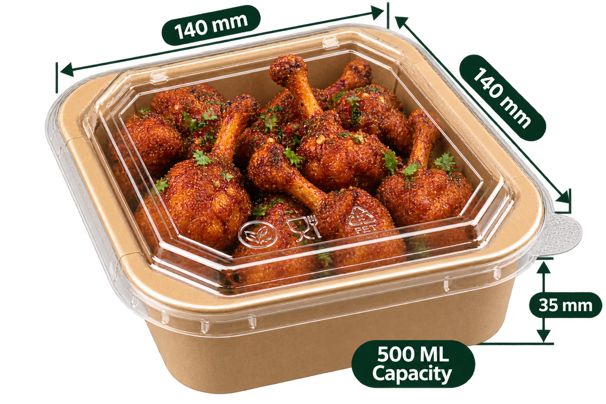 AnnServe Square Paper Container Kraft 500 ml - 35 mm filled view; 140 x 140 x 35 mm; PET lid sold separately; food not included
