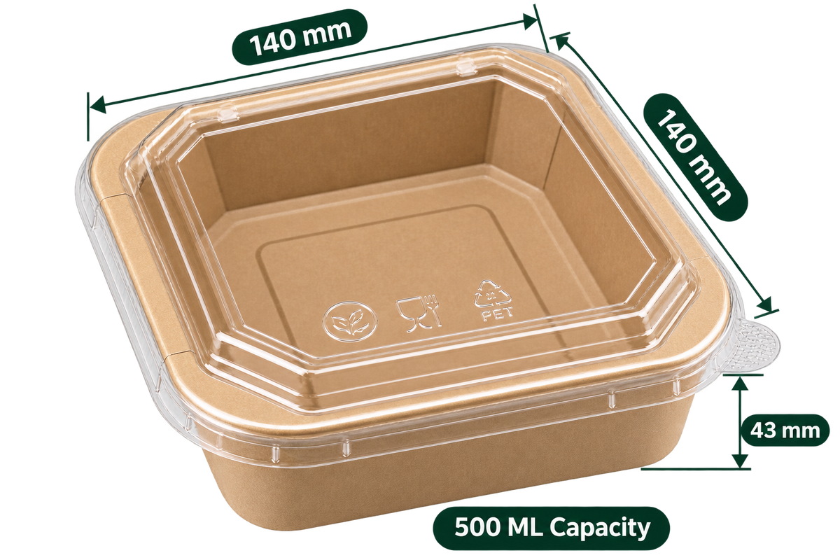 AnnServe Square Paper Container Kraft 500 ml - 43 mm empty view; 140 x 140 x 43 mm; PET lid sold separately; food not included