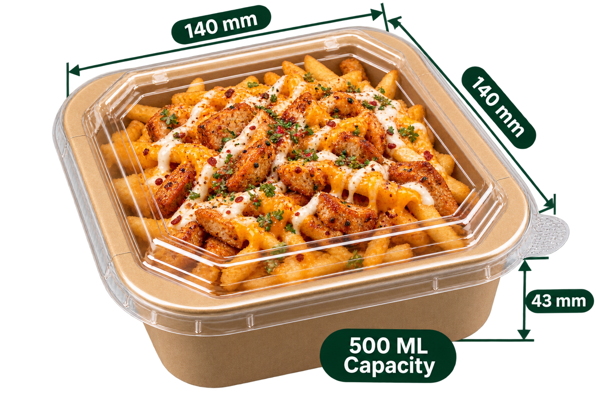 AnnServe Square Paper Container Kraft 500 ml - 43 mm filled view; 140 x 140 x 43 mm; PET lid sold separately; food not included