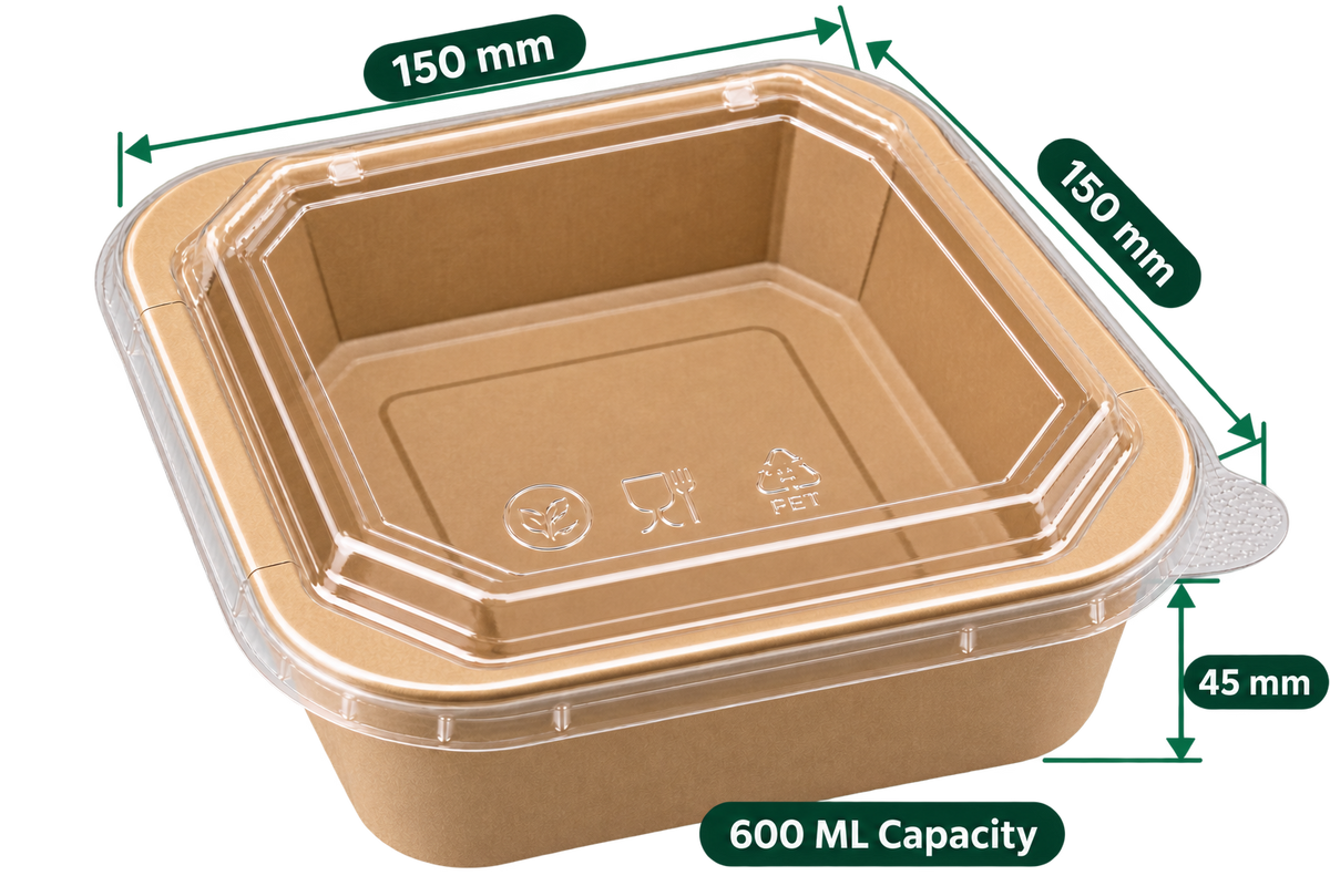 AnnServe Square Paper Container Kraft 600 ml empty view; 150 x 150 x 45 mm; PET lid sold separately; food not included