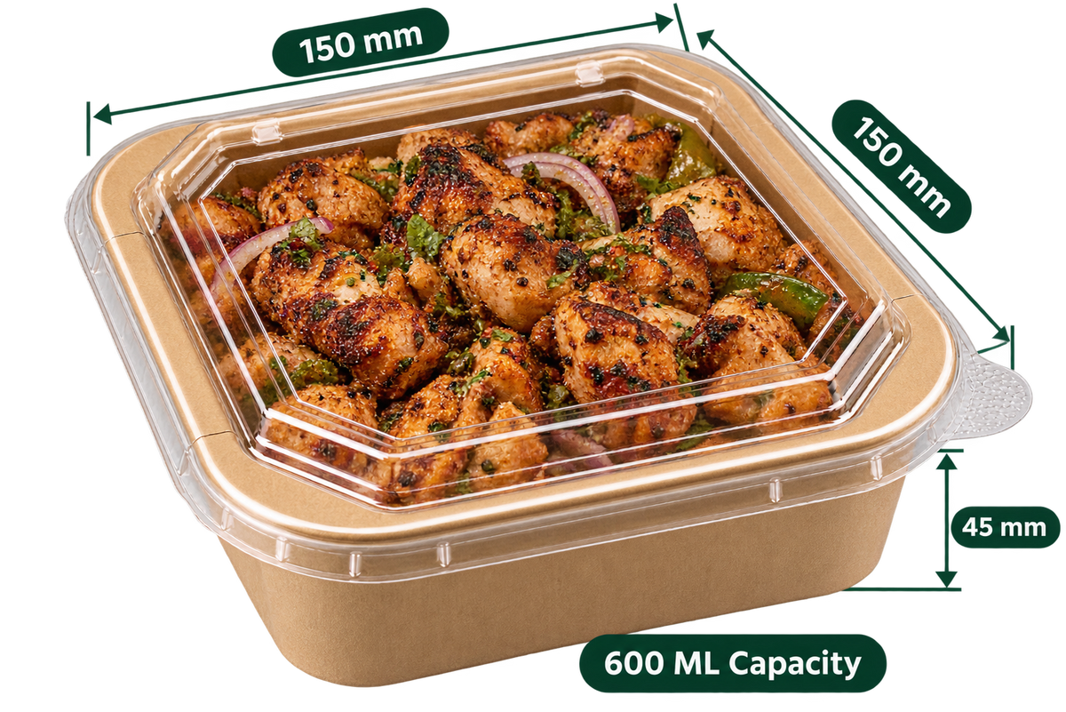 AnnServe Square Paper Container Kraft 600 ml filled view; 150 x 150 x 45 mm; PET lid sold separately; food not included