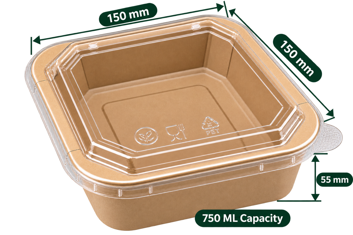 AnnServe Square Paper Container Kraft 750 ml empty view; 150 x 150 x 55 mm; PET lid sold separately; food not included