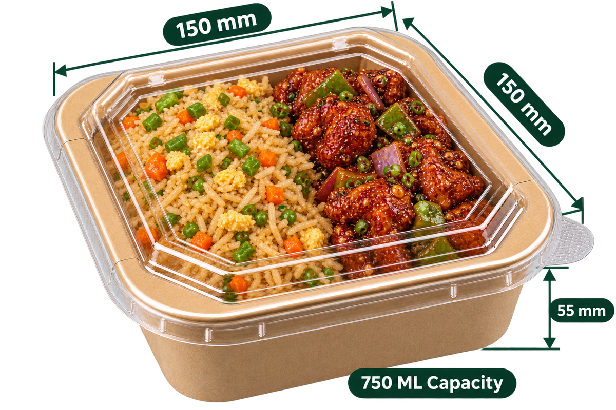 AnnServe Square Paper Container Kraft 750 ml filled view; 150 x 150 x 55 mm; PET lid sold separately; food not included