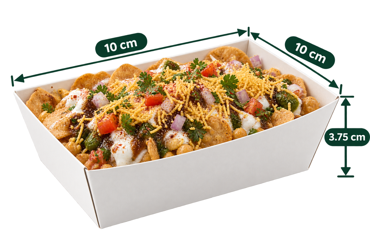 AnnServe White Boat Tray 4 inch filled view; 10 x 10 x 3.75 cm; food shown for presentation only