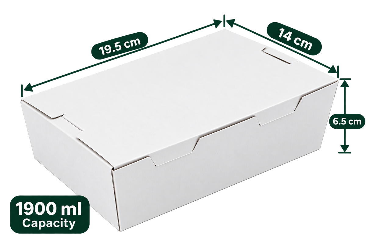 AnnServe White Lunch Box 1900 ml closed view; 19.5 x 14 x 6.5 cm; solid lid