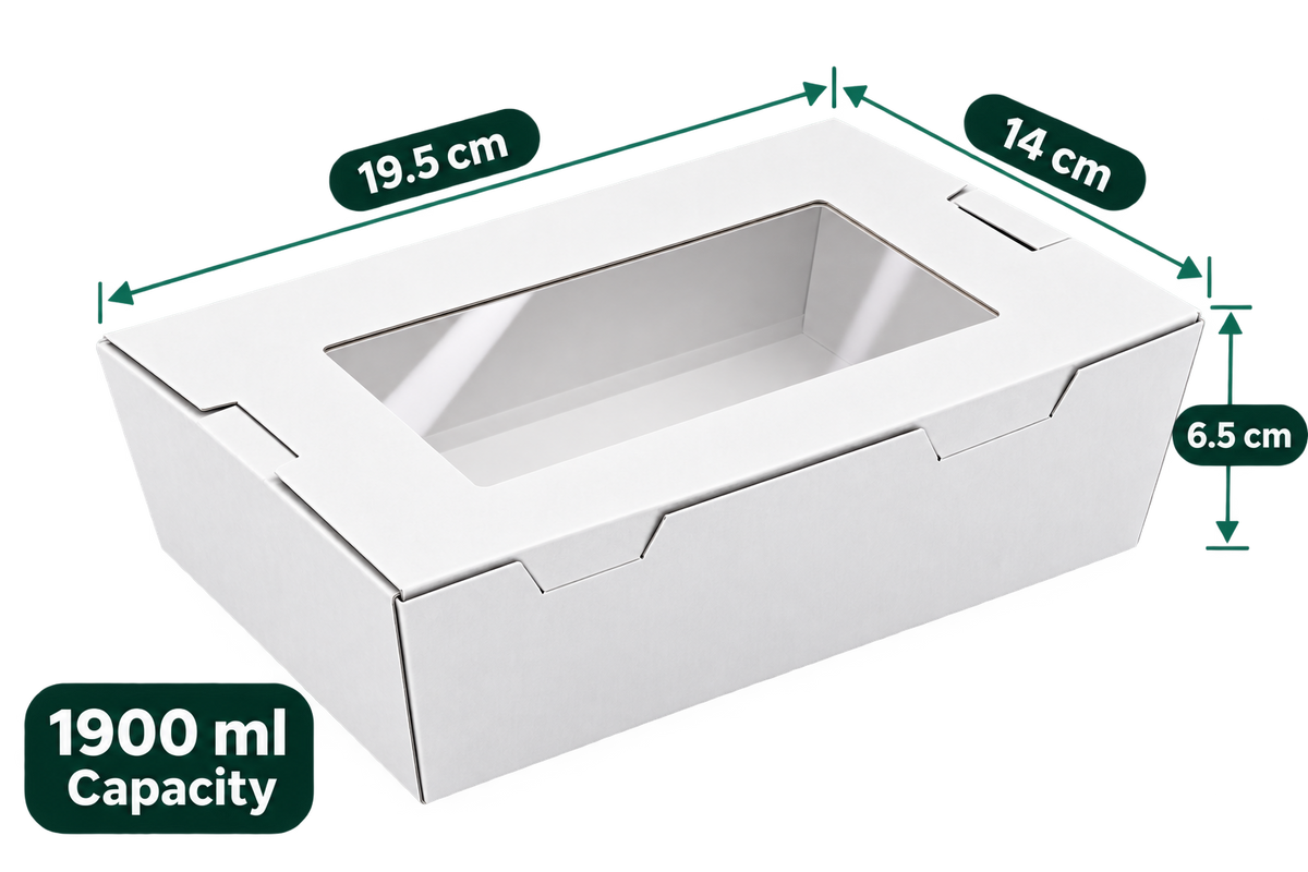 AnnServe White Lunch Box With Window 1900 ml closed view; 19.5 x 14 x 6.5 cm; transparent window lid
