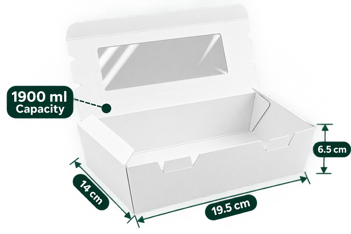 AnnServe White Lunch Box With Window 1900 ml open view; 19.5 x 14 x 6.5 cm; transparent window lid