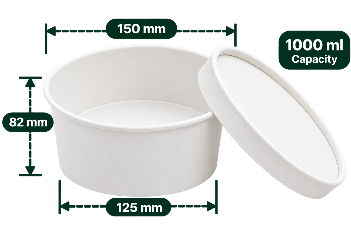 AnnServe Salad Bowl White 1000 ml empty bowl; pictured White lid and food are not included