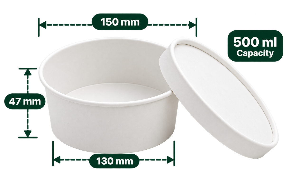 AnnServe Salad Bowl White 500 ml empty bowl; pictured White lid and food are not included