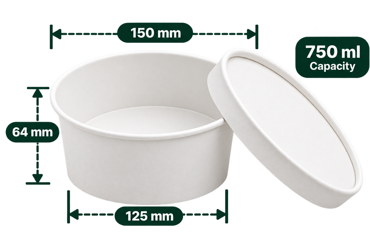 AnnServe Salad Bowl White 750 ml empty bowl; pictured White lid and food are not included
