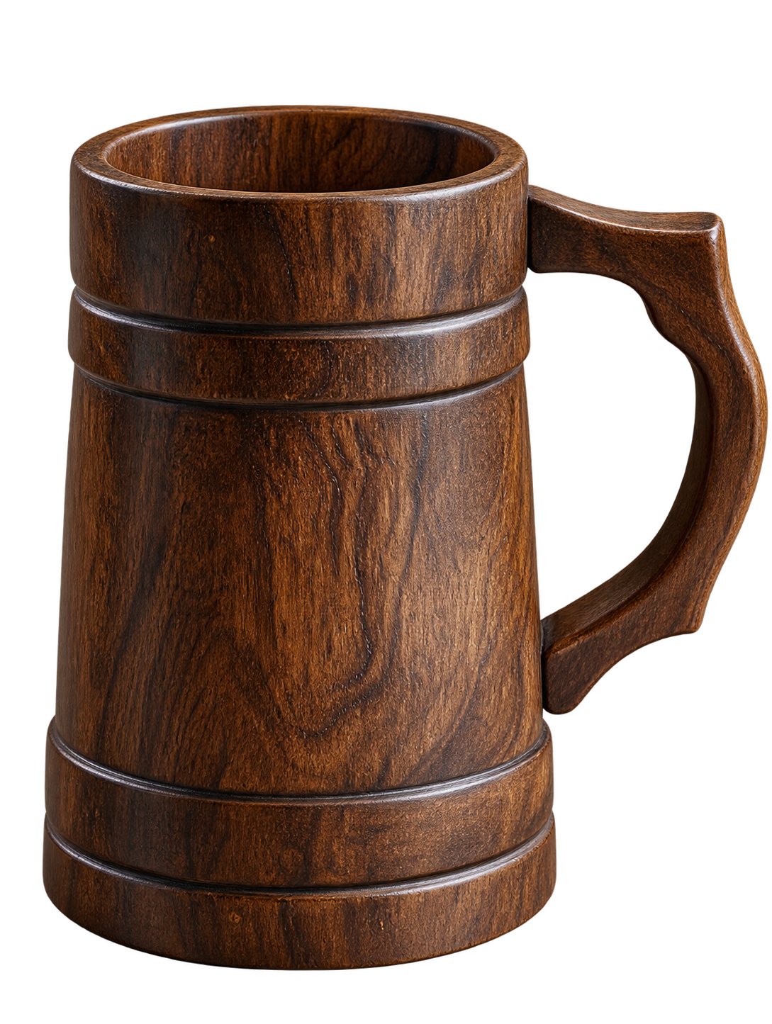 AnnServe Beer Mug 1 Mug wooden mug with curved handle and decorative horizontal grooves, empty view