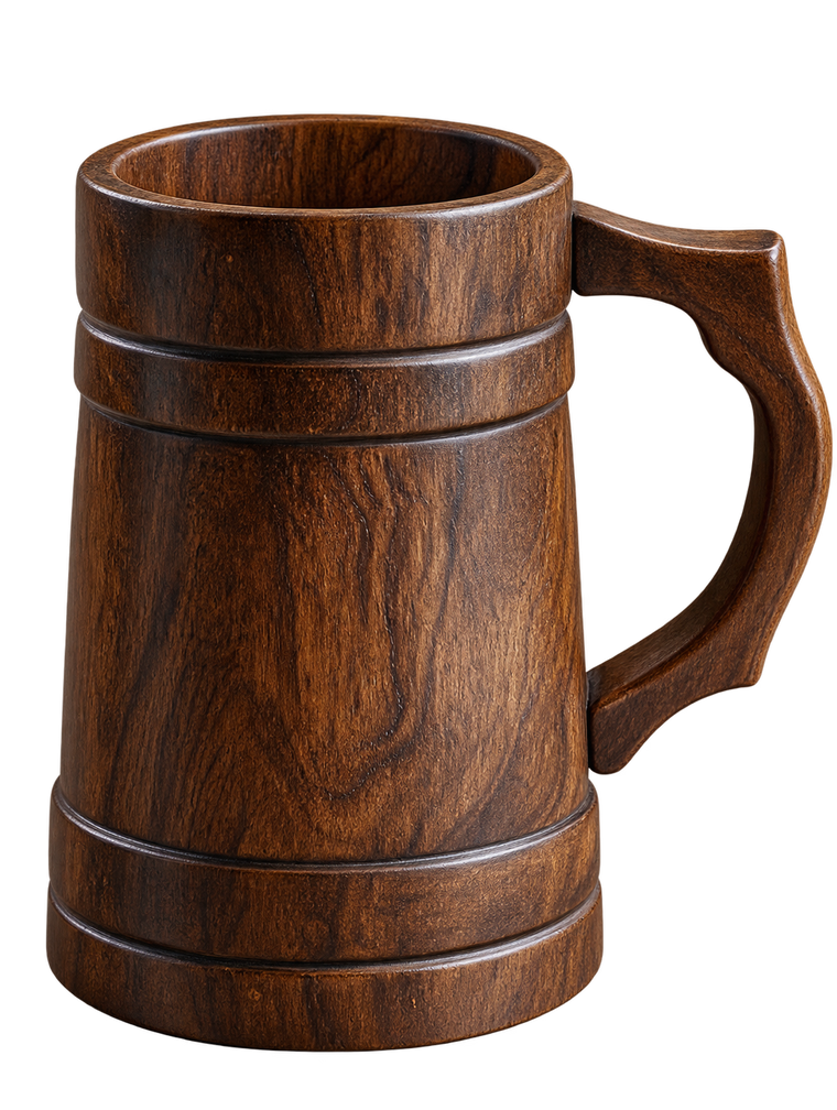 AnnServe Beer Mug 1 Mug wooden mug with curved handle and decorative horizontal grooves, empty view