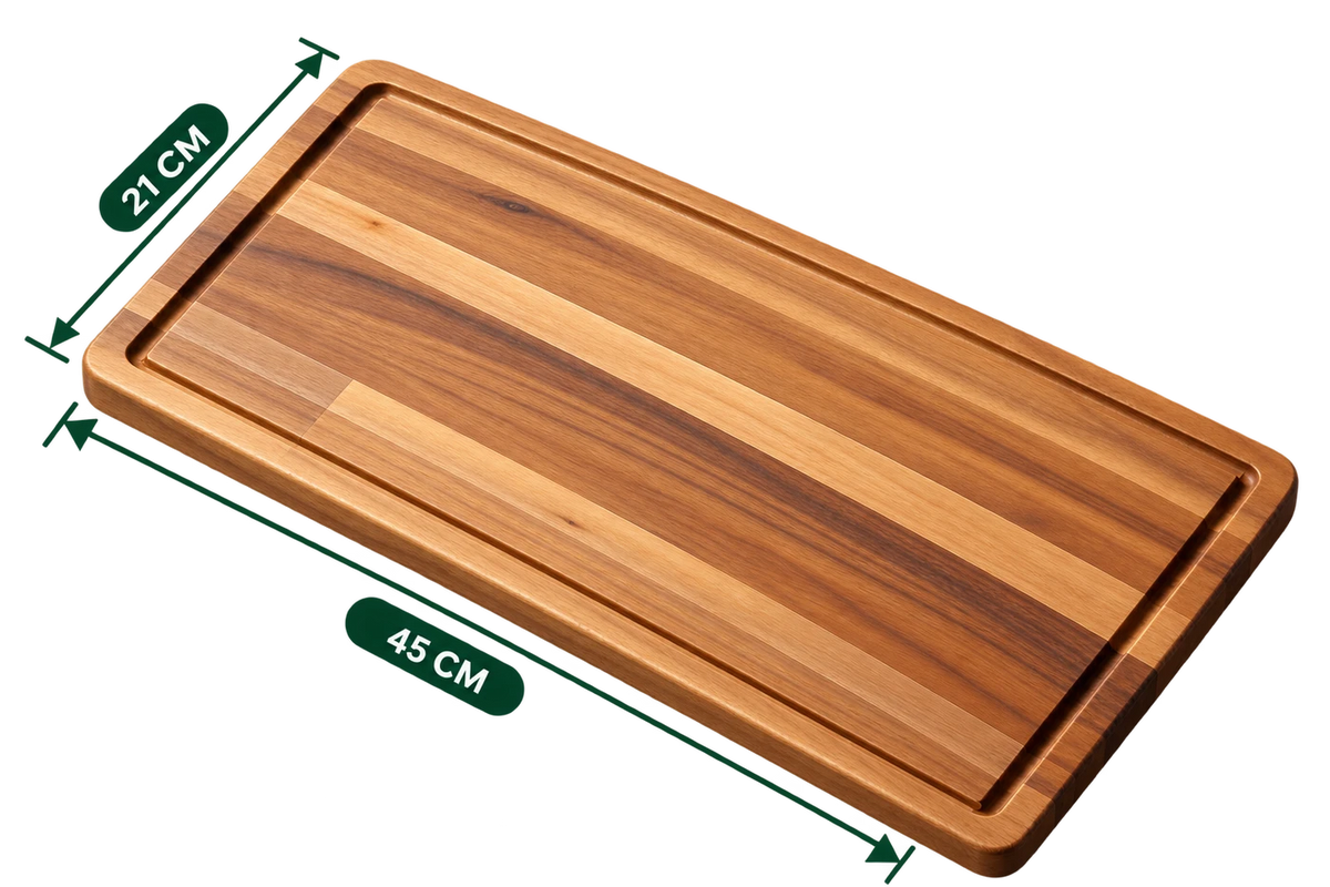 AnnServe Wooden Chopping Board 17.7 inch length with perimeter groove; photo labels 45 x 21 cm; one board only