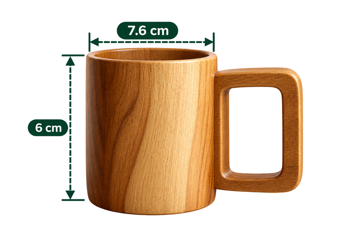 AnnServe Coffee Mug 3 inch approximate body diameter wooden mug with rectangular handle; photo labels 7.6 cm body width and 6 cm height