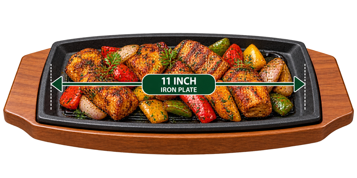 Continental Sizzler 11 Inch rectangular iron plate with wooden serving base meal presentation