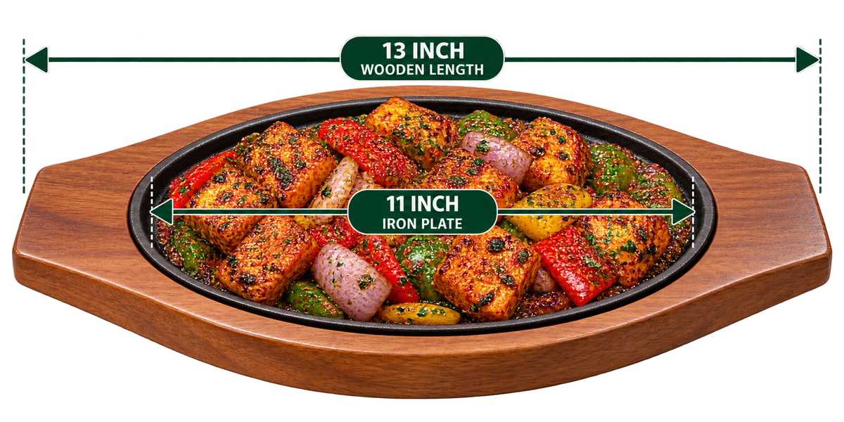 Family Sizzler 11 Inch iron plate with 13 inch wooden serving base meal presentation