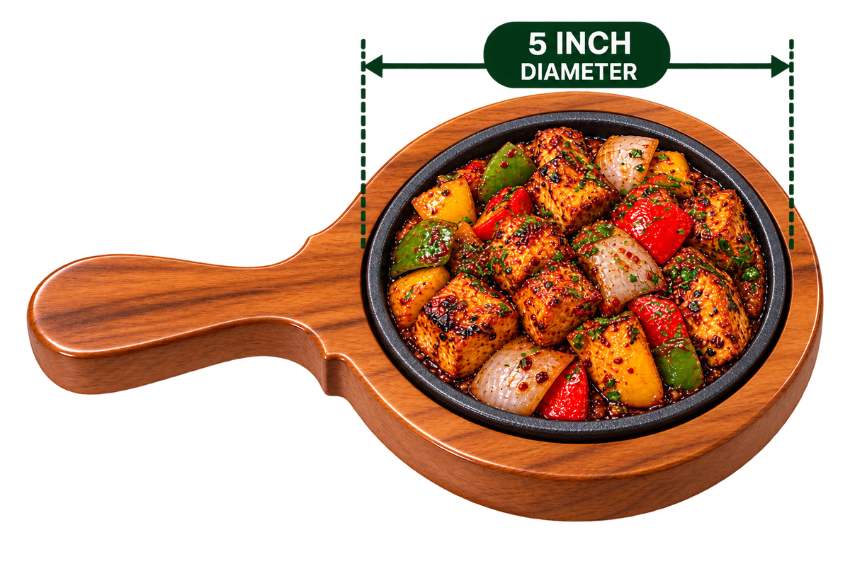Handle Brownie Sizzler 5 Inch iron plate with handled wooden serving base meal presentation