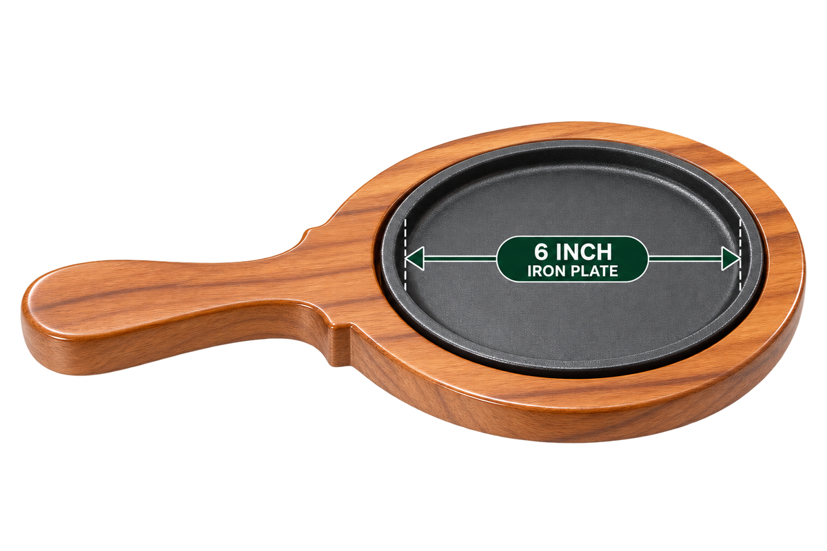 Handle Brownie Sizzler 6 Inch iron plate with handled wooden serving base empty view