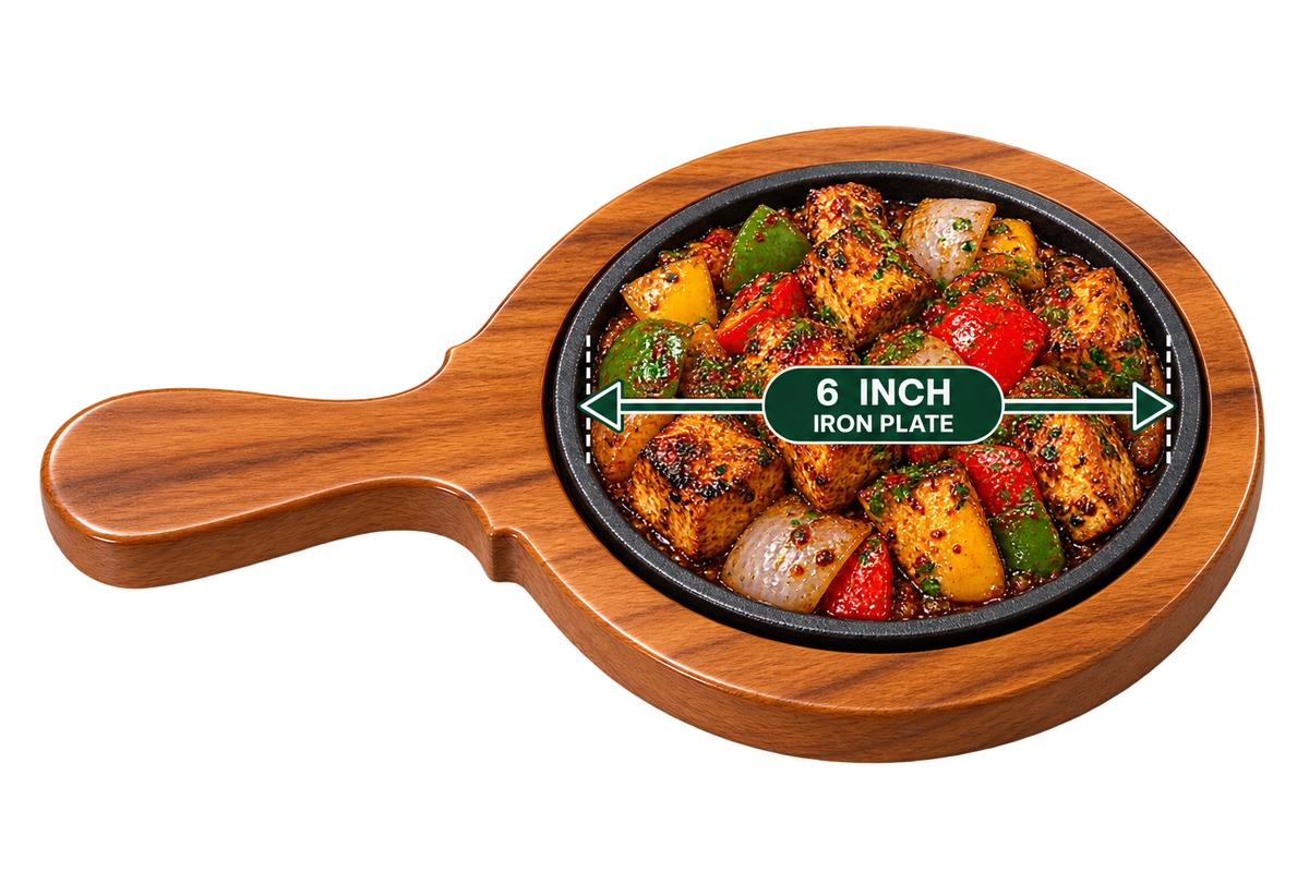 Handle Brownie Sizzler 6 Inch iron plate with handled wooden serving base meal presentation