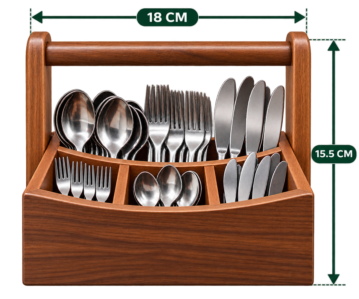 Handle Caddy 7.1 inch length wooden cutlery organiser with cutlery shown for presentation only